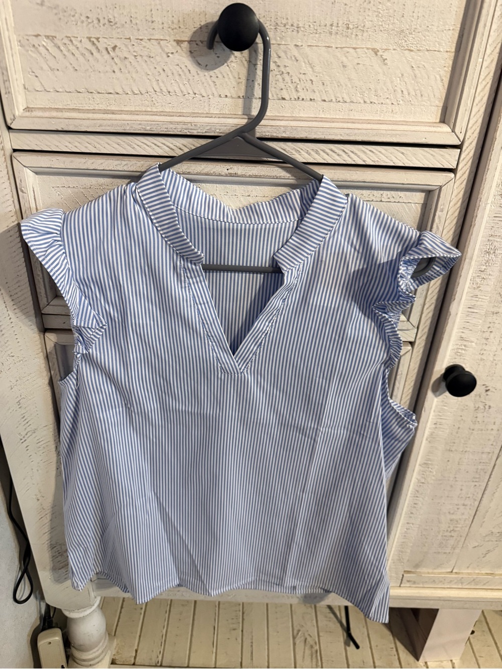 Blue Stripe Sleeveless Ruffle-Trim V-Neck Blouse
